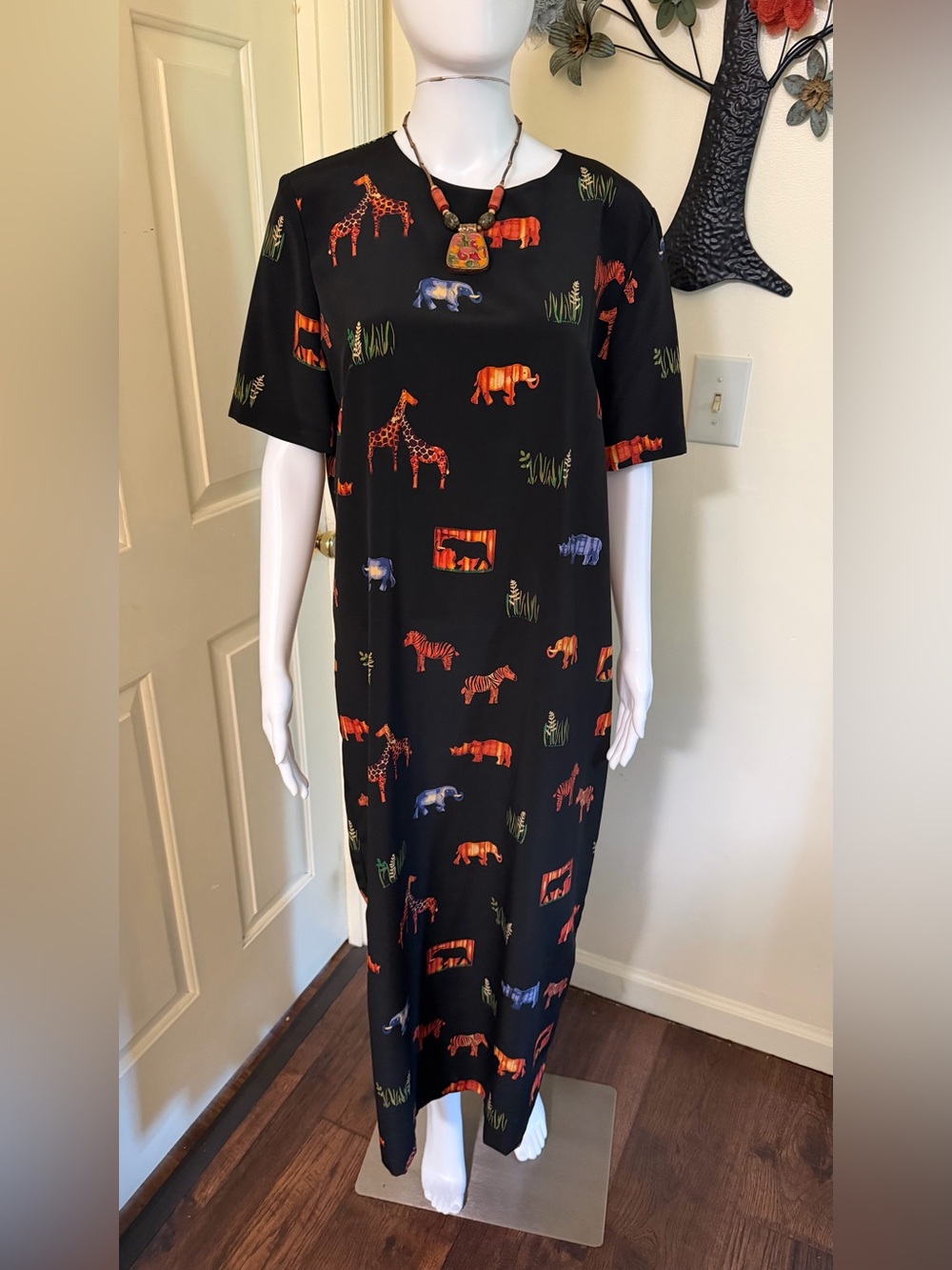 Vintage Black Maxi Dress with Colorful Safari Animal Print